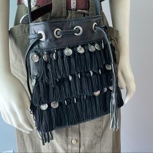 STELA 9 Leather Katari Coin Bucket Bag Black Fringe Tassels